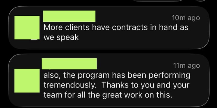 Messages from a pharmacy: &ldquo;More clients have contracts in hand as we speak&rdquo; and &ldquo;also, the program has been performing tremendously. Thanks to you and your team for all the great work on this.&rdquo;